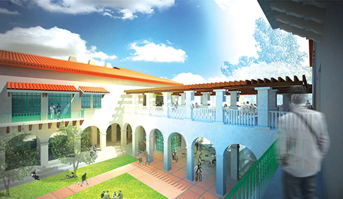 Architectural rendering of the Thomas B. Day Quad viewed from a balcony